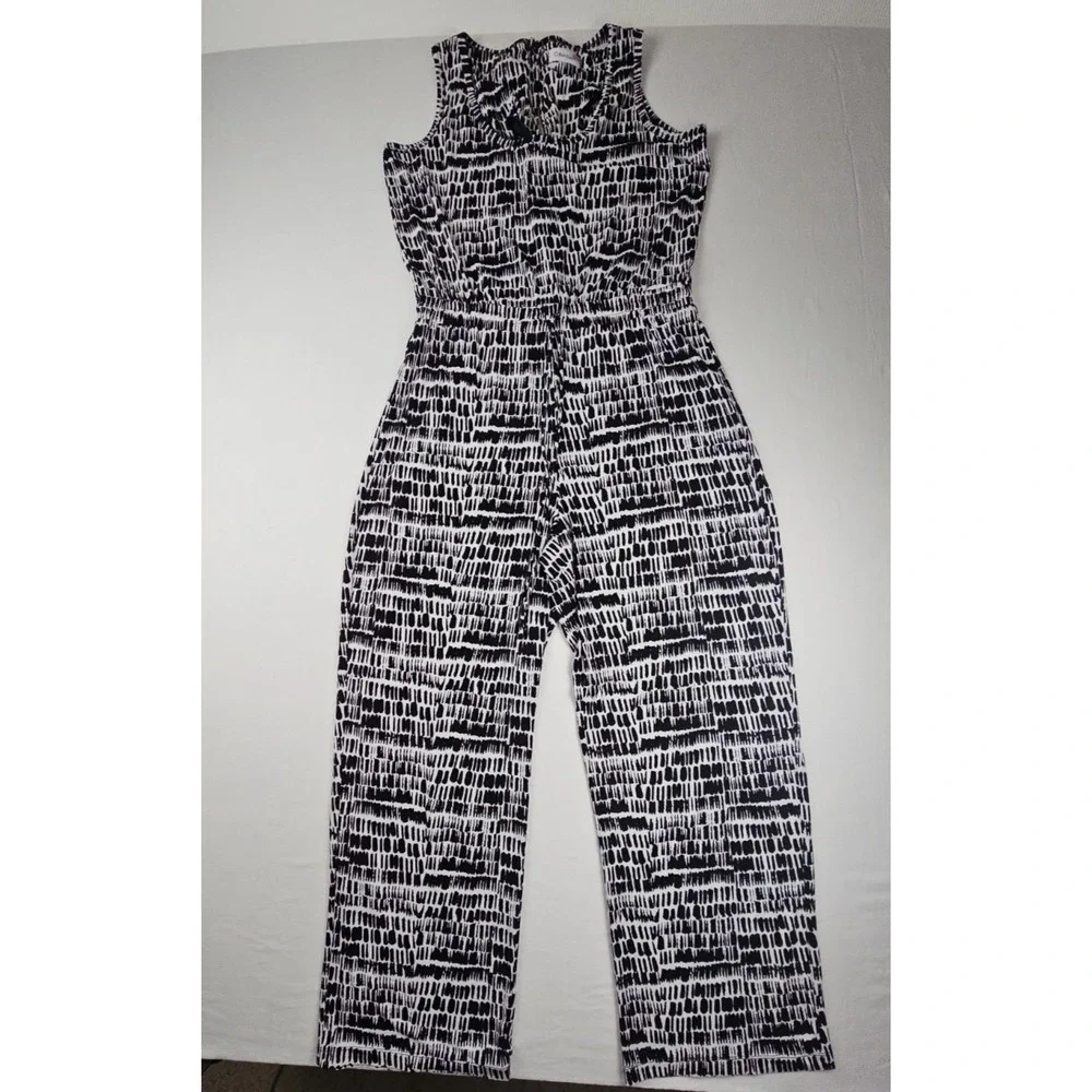 Calvin Klein Jumpsuit Women Size 12 Black & White Print Elastic Waist Drawstring